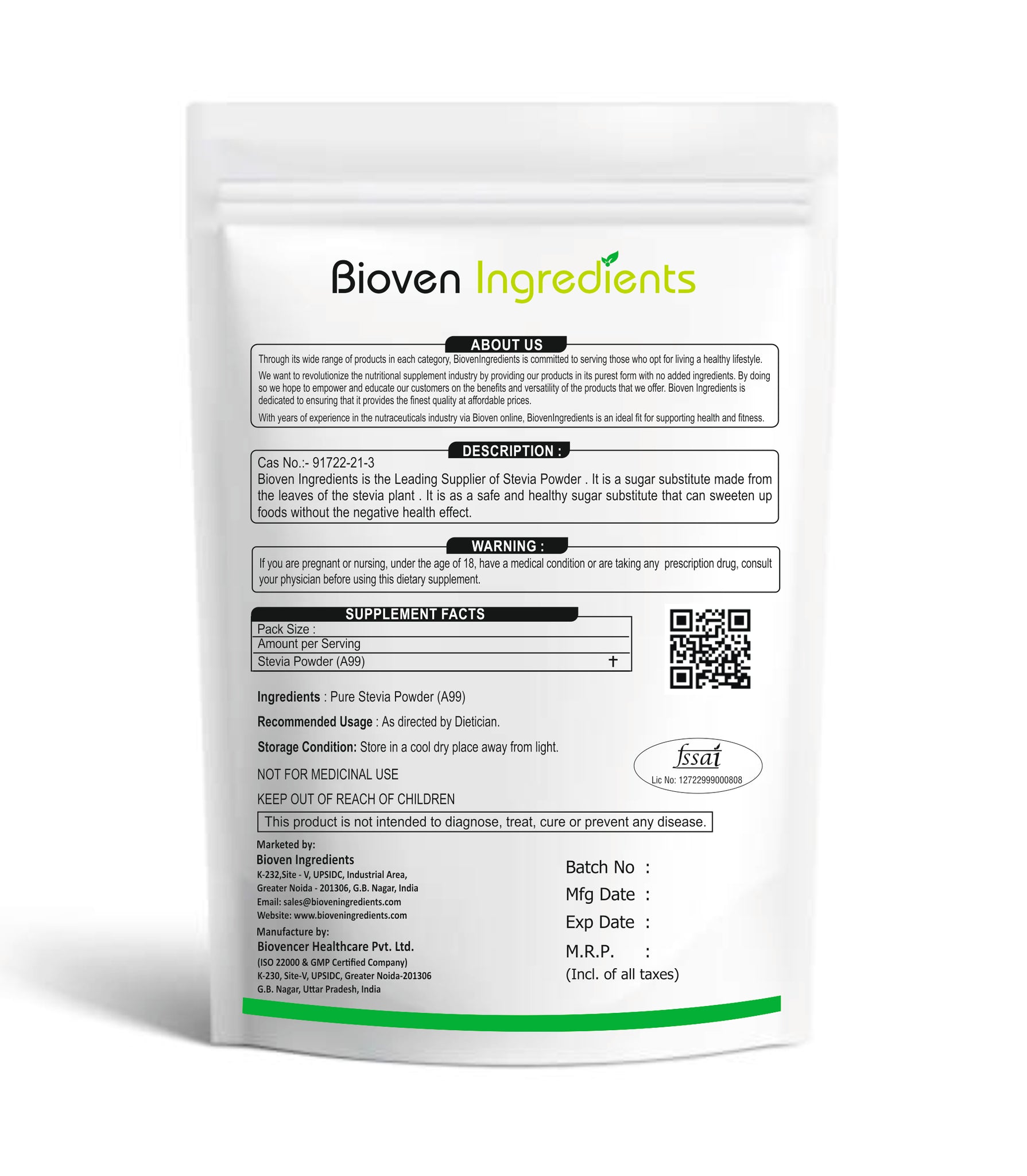 Buy Stevia powder( A99) online at Bioven Ingredients